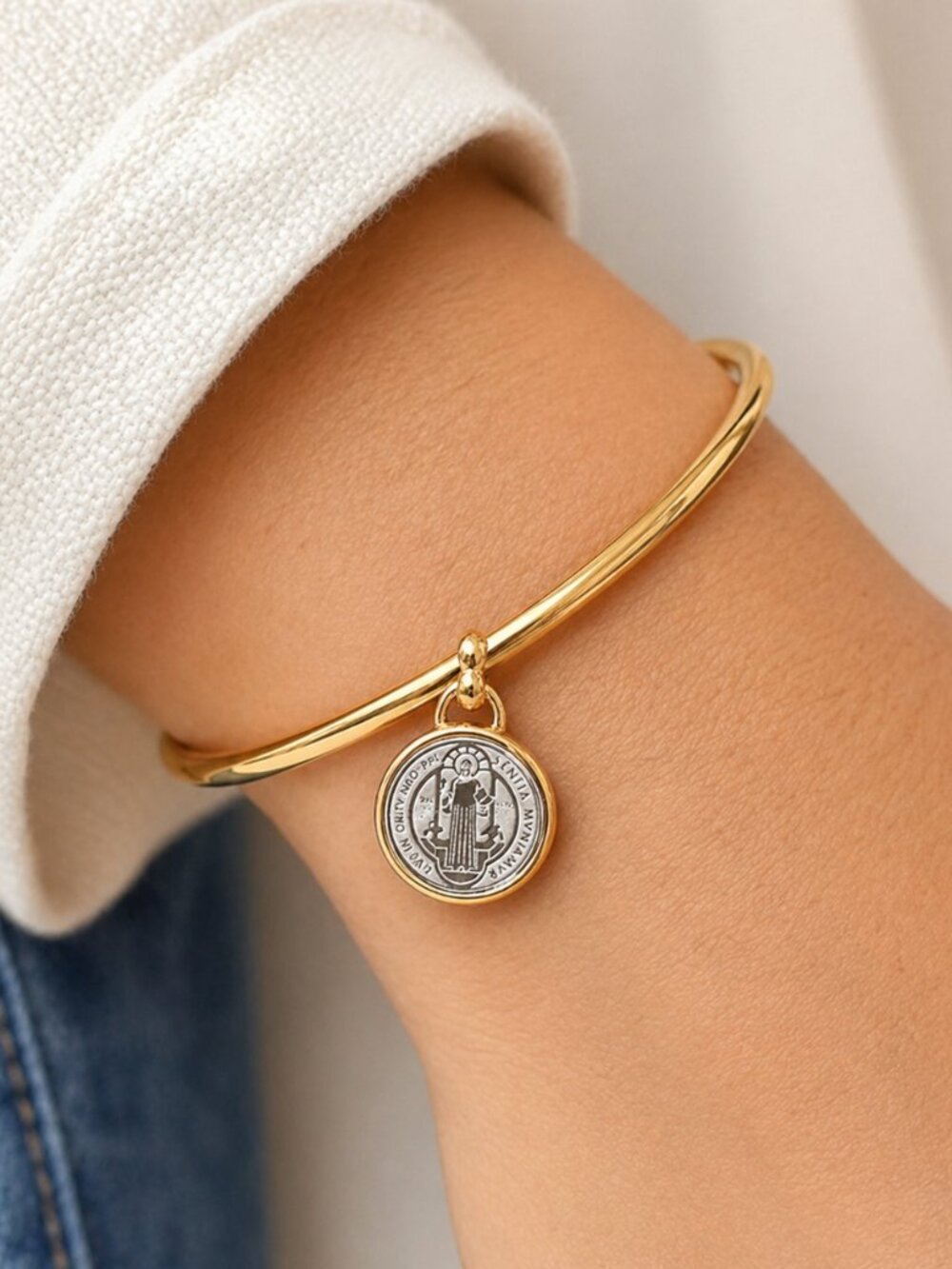 Gold Bangle Bracelet Religious Medal Charm